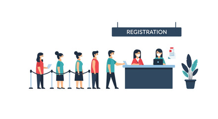 Patient people in line wearing masks for registration, line at registration desk, modern and professional scene of people waiting for their turn