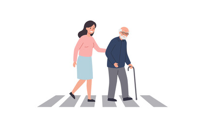 Caring young woman assisting elderly man with cane across crosswalk, senior care and companionship, modern lifestyle, promoting intergenerational support