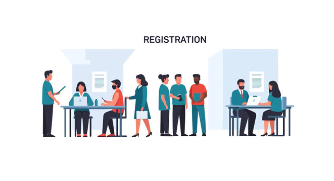Streamlined registration process with diverse individuals, modern and efficient for events, conferences, and business onboarding, originally a scalable vector graphic