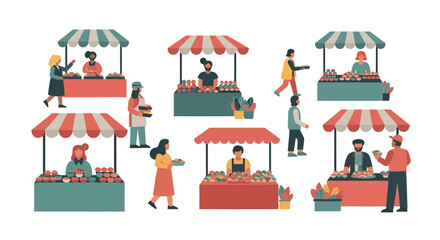 Vibrant farmers market scene with vendors and customers, perfect for community events, food festivals, and local business promotions with a lively atmosphere