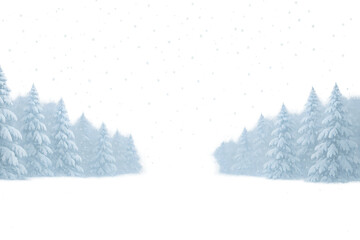 A winter landscape at night showcasing snow covered trees and falling snowflakes on transparent background