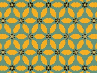 A floral pattern features yellow petals and flowers on teal.