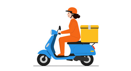 Speedy delivery service with cheerful woman on scooter, delivering packages fast and efficiently, perfect for modern logistics and e-commerce solutions