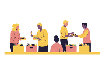 Diverse group enjoying healthy food at a vibrant farmer's market, promoting community and sustainable living through fresh produce selections