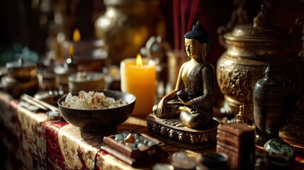 Fototapeta premium Golden Buddha Statue and Offerings in Meditation Setting: Contemplative Still Life
