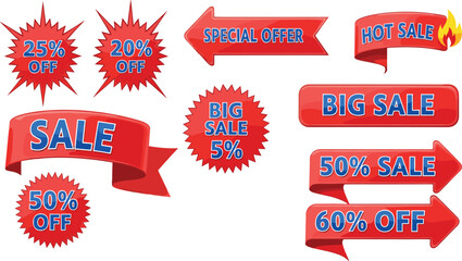 Red sale promotion labels and discount stickers collection featuring special offer banners, price tags, percentages, marketing icons, and retail advertising elements.