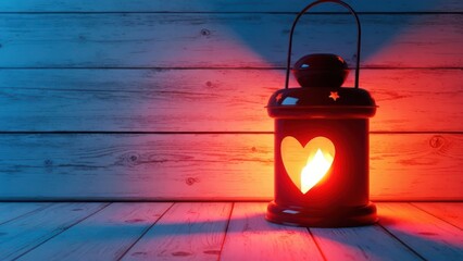 A dark red lantern with a heartshaped cutout glowing with warm yellow light sits on a wooden surface against a blue and red lit wooden plank background, creating a romantic and cozy atmosphere