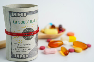 Medicine prescription drugs cost concept, Pills on money dollars, healthcare expenses