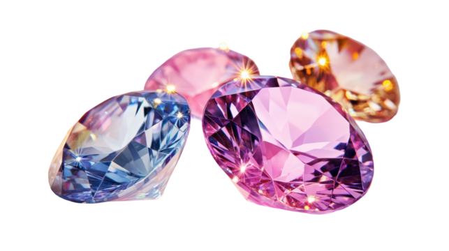 Four colorful faceted gemstones isolated on transparent background
