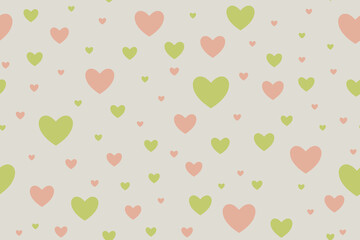Green and orange hearts on a beige background. Seamless pattern under clipping mask. Valentine background for paper, cover, textile, gift wrap.
