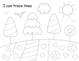 tracing and coloring worksheet for kids, trees, sun, cloud, and many shapes. letter paper size (8.5x 11 inches). Exclusive on Adobe Stock