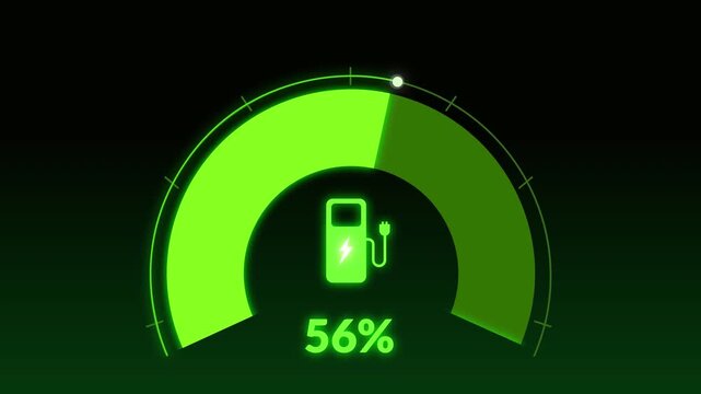 Electric vehicle Dashboard battery display animation indicator increase from 0 to 100% charge in bright green. EV charging station icon  battery . 4k video 