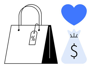 Shopping bag with discount tag, money bag, and blue heart icon. Ideal for online shopping, retail sales, e-commerce, customer loyalty, financial transactions, discounts and brand promotion