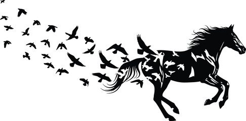Black silhouette of a running horse, dissolving into a flock of flying birds, symbolizing freedom, nature, escape, metamorphosis, and powerful majestic motion, black and white minimal vect