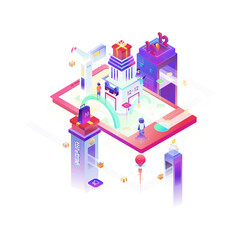 3D Isometric Shopping Festival Illustration with Stores, Gifts and Digital Elements