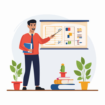 teacher presenting in classroom with board and books.