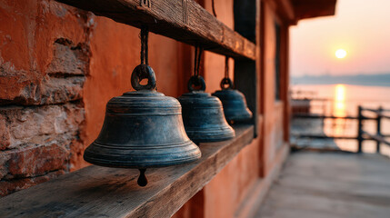 Obraz premium Bells hang gracefully on wooden shelf as orange sky glows over Ganges, creating serene atmosphere at sunset