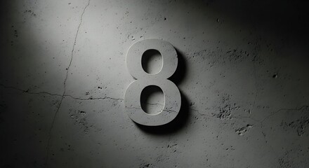 Number eight on concrete wall with dramatic lighting in black and white