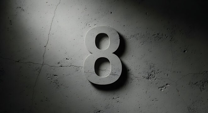 Number eight on concrete wall with dramatic lighting in black and white
