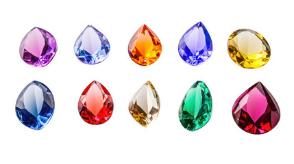 Collection of colorful teardrop shaped gemstones isolated on transparent background