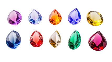 Collection of colorful teardrop shaped gemstones isolated on transparent background