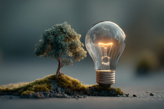 Idea of renewable energy and energy saving. Energy saving light bulb and tree growing on the ground on bokeh nature background. Saving, accounting and financial concept. Generative Ai
