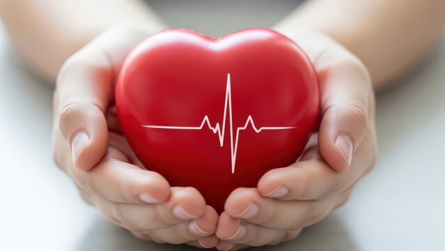 Pair of hands gently cupping and holding a shiny red heart model featuring a white electrocardiogram ecg line tracing across its surface, symbolizing cardiology, health, and life