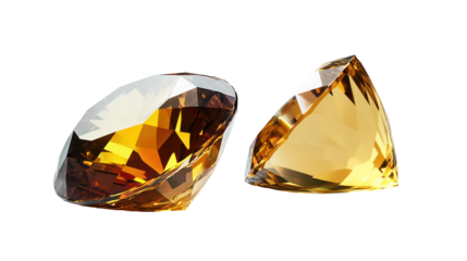 Two sparkling faceted yellow gemstones isolated on transparent background