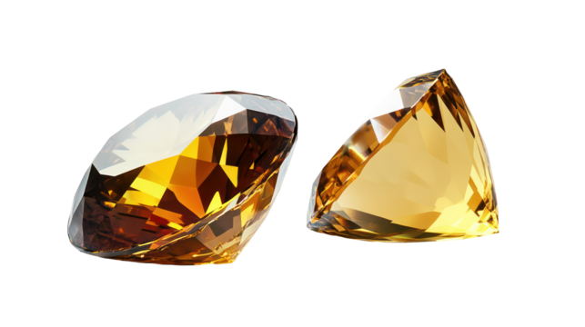 Two sparkling faceted yellow gemstones isolated on transparent background