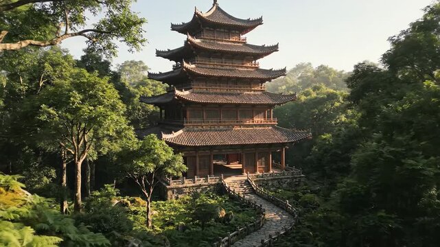 Ancient Chinese Pagoda Nestled in Lush Green Forest with Winding Path, Serene Landscape.