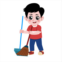 Boy with Mop and Bucket Cleaning Scene