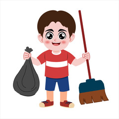 Boy Carrying Trash Bag and Broom