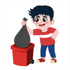 Boy with Trash Bag and Garbage Bin Illustration