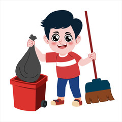 Boy Throwing Trash into Bin Illustration