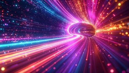 A vibrant, futuristic tunnel of glowing neon lights and streaming particles, representing high-speed data transfer and digital innovation