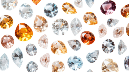 Collection of colorful faceted gemstones isolated on transparent background