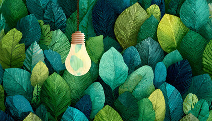 Top View Vector Illustration: Green Eco-Friendly Lightbulb from Fresh Leaves for Energy Saving and Environmental Sustainability. generative ai illustration