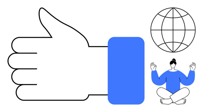 Large thumbs-up icon paired with earth globe and meditating person, highlighting approval, global unity, mindfulness, positivity, community, peace, and personal growth in a simple flat metaphor