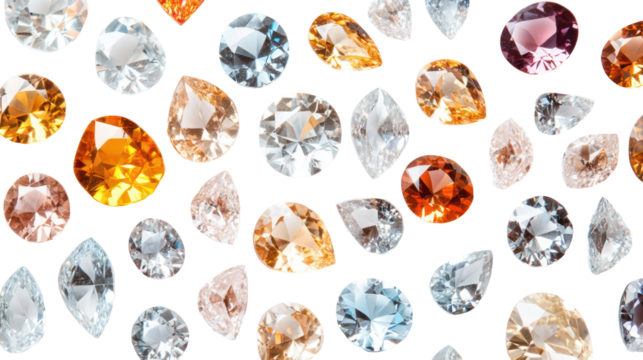 Collection of colorful faceted gemstones isolated on transparent background
