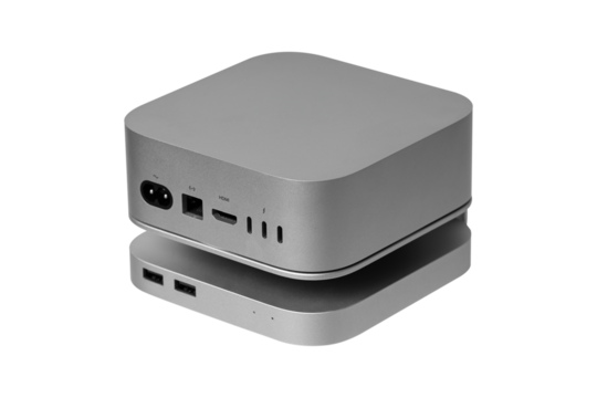 Modern PC with external SSD drive isolated on transparent PNG.