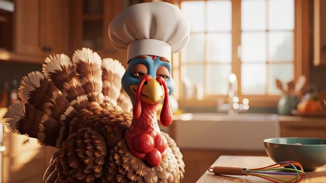 Animated Turkey Chef in Kitchen Preparing Thanksgiving Dinner.