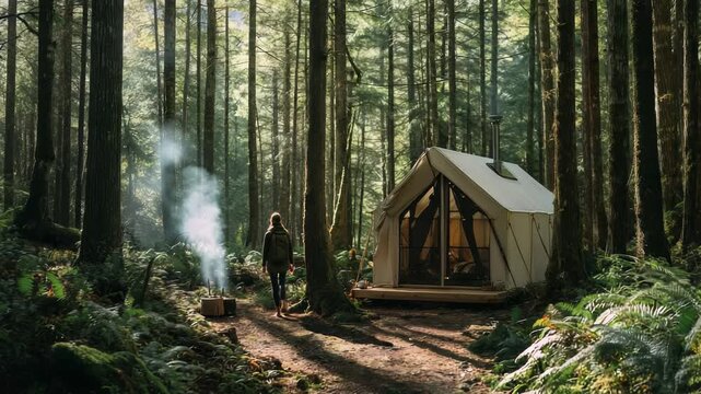 Person walks through lush green forest toward cozy glamping tent, surrounded by tall trees, morning sunlight. Outdoor adventure, tranquil nature retreat blend seamlessly in this serene woodland scene
