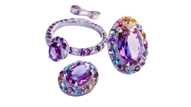 Collection of sparkling purple gemstones and jewelry isolated on transparent background - Powered by Adobe