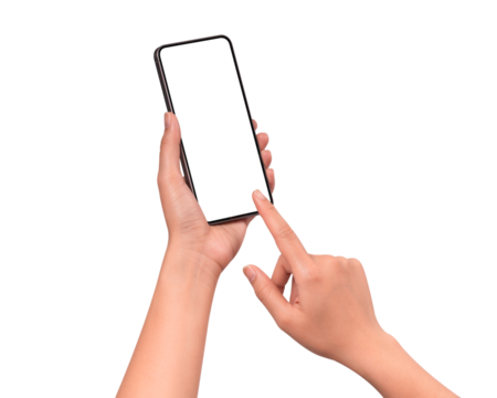 Hand using a smartphone isolated on transparent PNG.