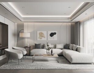 Fototapeta premium Bright, minimalist living room with abstract wall art