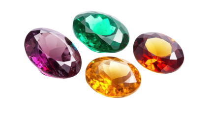 Four oval cut gemstones isolated on transparent background