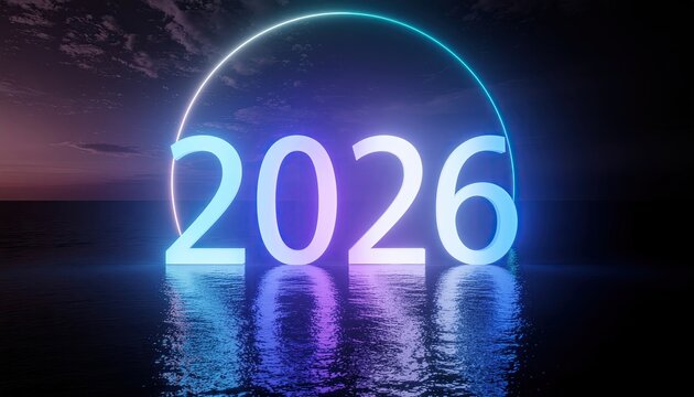 Neon 2026 over water, circle backlighting, dusk sky