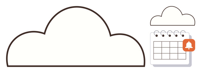 Large cloud icon beside a calendar with notification bell. Ideal for cloud storage, scheduling, organization, productivity, reminders, app interfaces, simple flat metaphor
