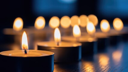 Row of lit tea light candles glowing warmly in the dark with a shallow depth of field creating a beautiful bokeh effect in the background, symbolizing peace, remembrance, or meditation