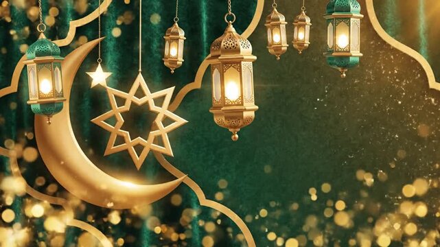 Elegant Ramadan banner, emerald gold gradient background, glowing crescent moon and star gently rotating, hanging lanterns softly swinging